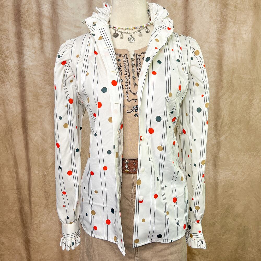Vintage 70s Polka Dot Shirt Pleated Ruffled Collar Button Up Blouse Steampunk